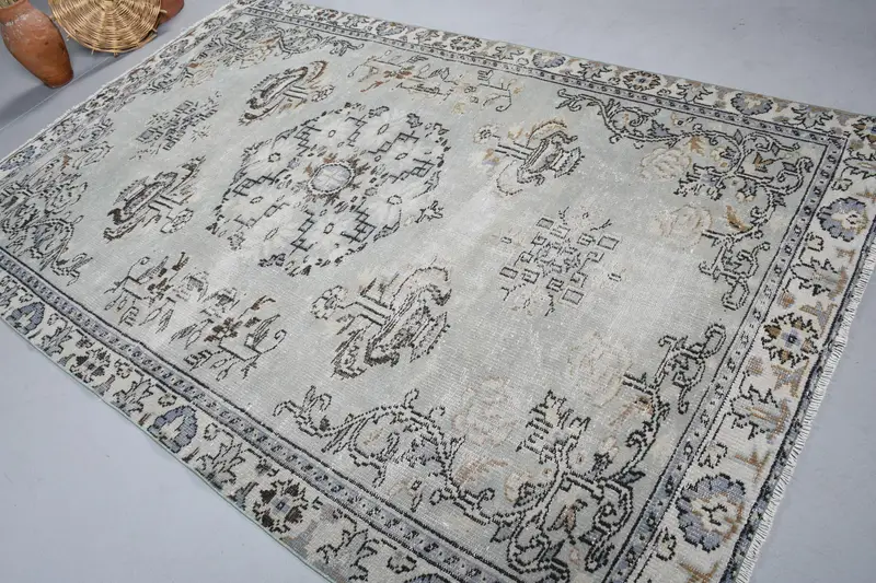Türk Oushak Halı 5.7x9.1 ft, Gri Mavi Çiçekli Yün Vintage Halı - 1