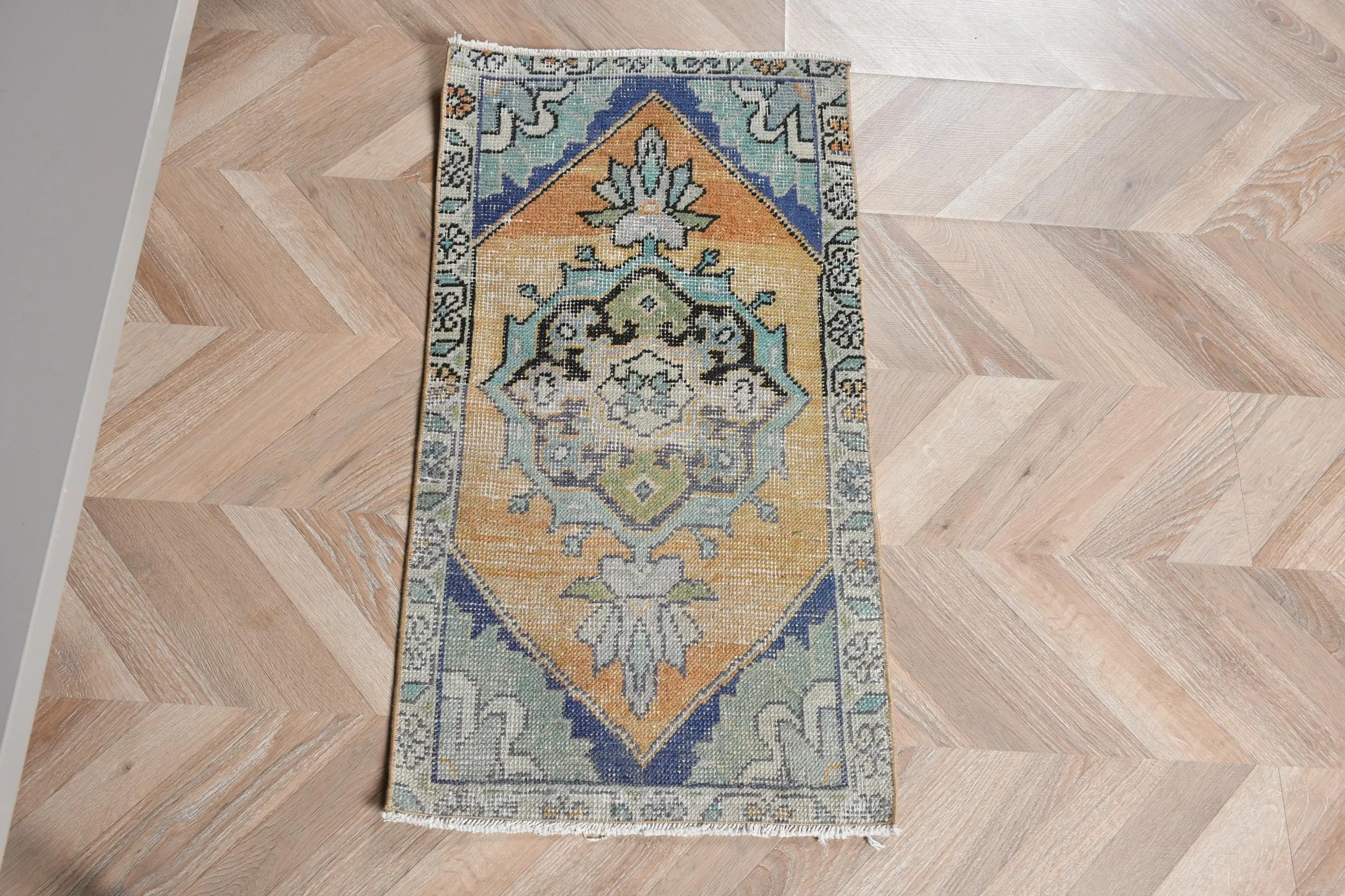 Vintage Small Rug 1.5x2.8 ft (45x84 cm), Blue Plants & trees Turkish Rug - 1