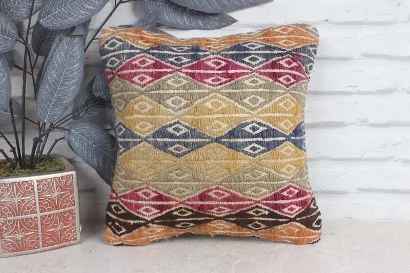 Kilim Pillow, 12x12 Yellow Pillow Cover, Bed Pillow Cover, Nautical Throw Pillow, Kilim Cushion Sham, Pillow Case, Vintage Kilim Pillow - 1