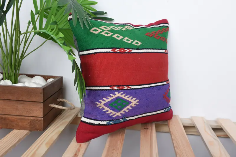 Boho Pillow Sham Cover, Handmade Kilim Cushion, Pillow for Couch, 14x14 Green Cushion, Pillow Sham, Handmade Rug Seat Cushion - 5
