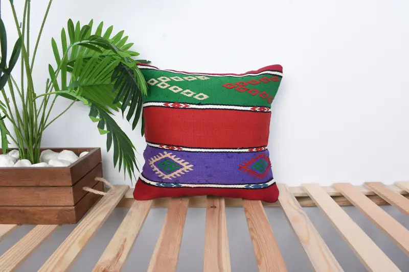 Boho Pillow Sham Cover, Handmade Kilim Cushion, Pillow for Couch, 14x14 Green Cushion, Pillow Sham, Handmade Rug Seat Cushion - 1