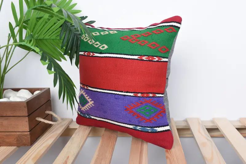 Boho Pillow Sham Cover, Handmade Kilim Cushion, Pillow for Couch, 14x14 Green Cushion, Pillow Sham, Handmade Rug Seat Cushion - 4