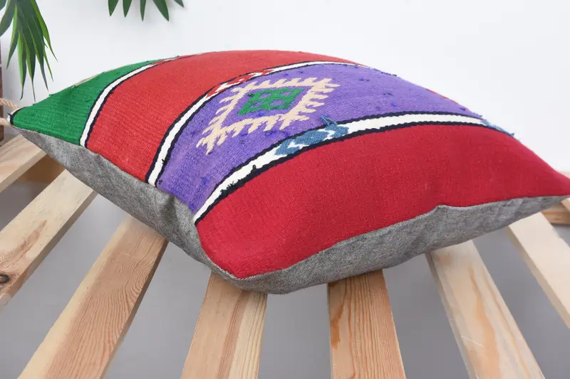 Boho Pillow Sham Cover, Handmade Kilim Cushion, Pillow for Couch, 14x14 Green Cushion, Pillow Sham, Handmade Rug Seat Cushion - 6
