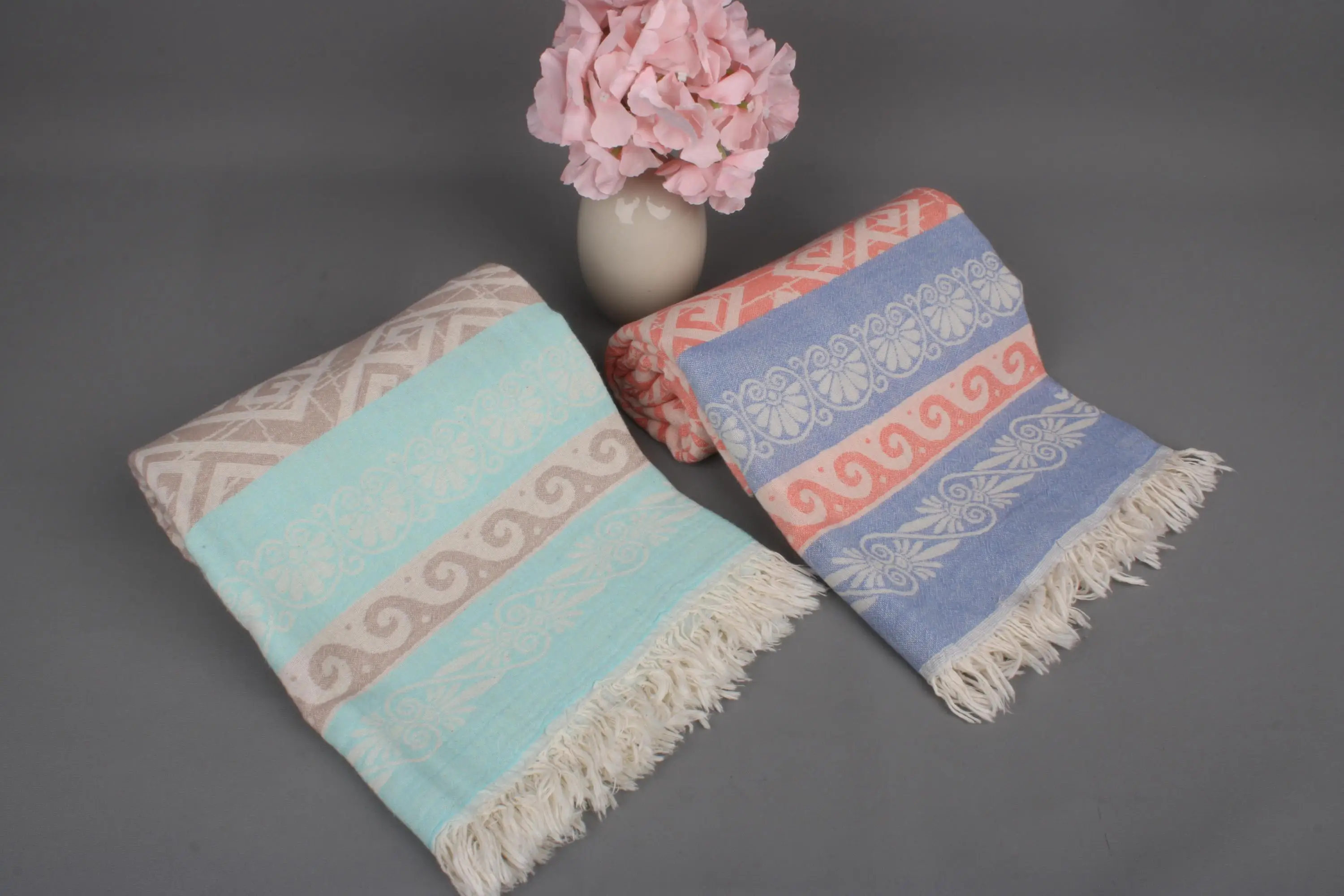 Large Turkish Towel Geometric Cotton Beige, 36x71 Inches - 1