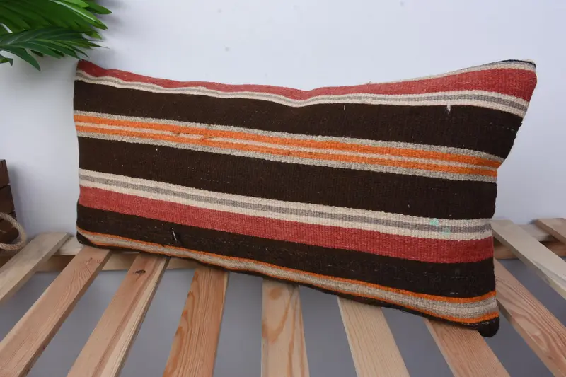Turkish Kilim Pillow, Shabby Chic Pillow Case, Pillow Case, 12x24 Orange Pillow, Kilim Cushion Sham, Handmade Kilim Cushion - 4