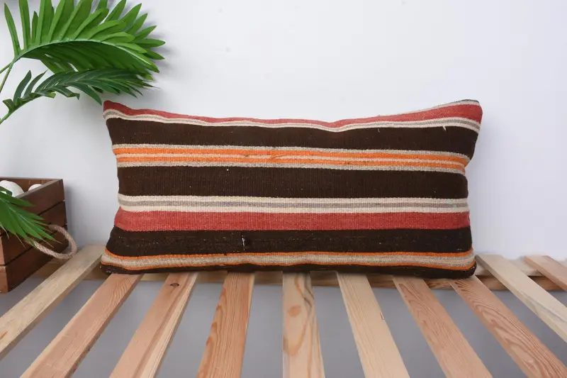 Turkish Kilim Pillow, Shabby Chic Pillow Case, Pillow Case, 12x24 Orange Pillow, Kilim Cushion Sham, Handmade Kilim Cushion - 1
