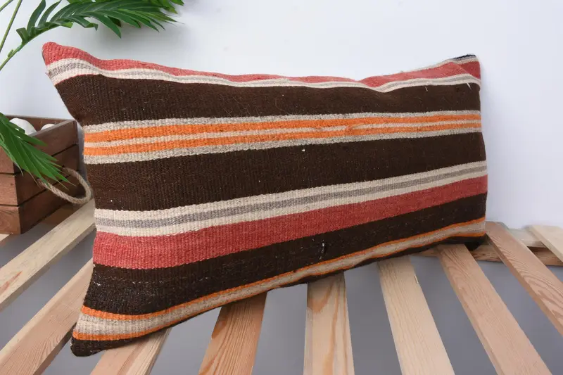 Turkish Kilim Pillow, Shabby Chic Pillow Case, Pillow Case, 12x24 Orange Pillow, Kilim Cushion Sham, Handmade Kilim Cushion - 5