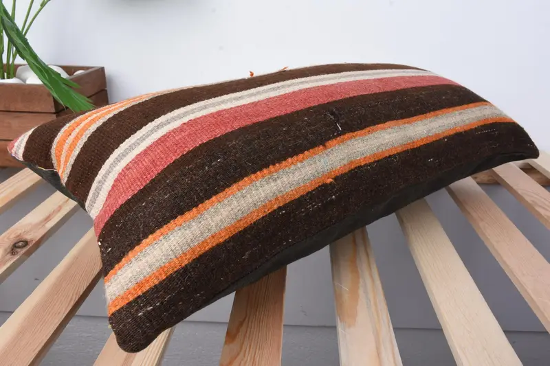 Turkish Kilim Pillow, Shabby Chic Pillow Case, Pillow Case, 12x24 Orange Pillow, Kilim Cushion Sham, Handmade Kilim Cushion - 6