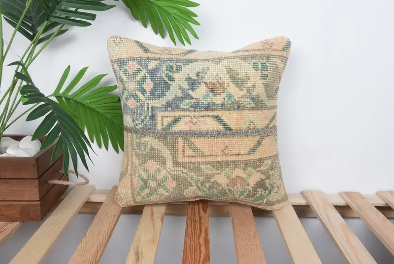 Authentic Cushion, Vintage Kilim Pillow, 14x14 Blue Pillow Case, Boho Pillow Sham Cover, Cushion Case, Turkish Pillow - 1