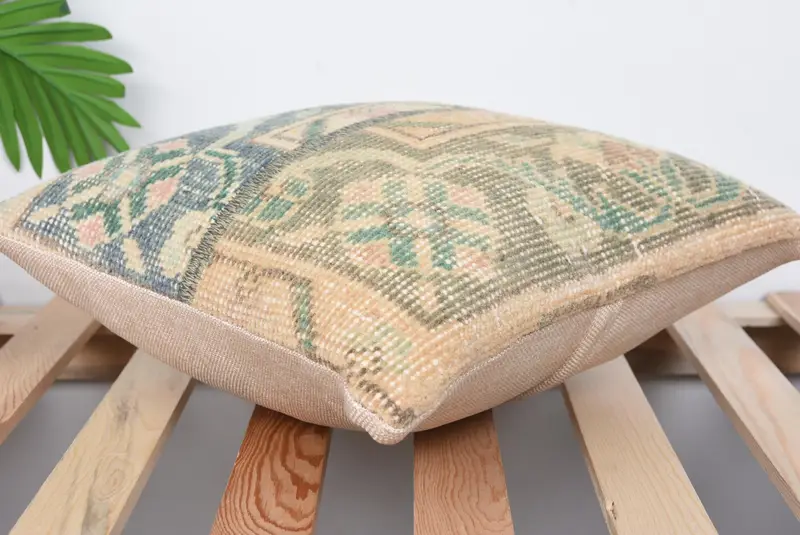 Authentic Cushion, Vintage Kilim Pillow, 14x14 Blue Pillow Case, Boho Pillow Sham Cover, Cushion Case, Turkish Pillow - 6