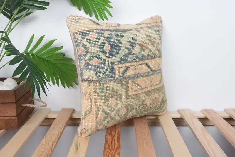 Authentic Cushion, Vintage Kilim Pillow, 14x14 Blue Pillow Case, Boho Pillow Sham Cover, Cushion Case, Turkish Pillow - 4
