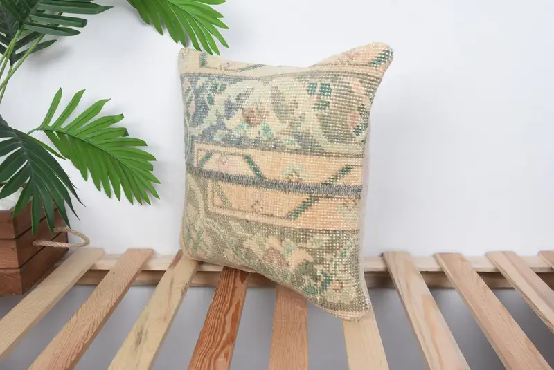 Authentic Cushion, Vintage Kilim Pillow, 14x14 Blue Pillow Case, Boho Pillow Sham Cover, Cushion Case, Turkish Pillow - 5
