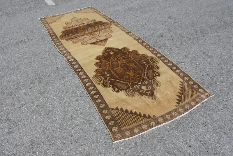 Turkish Vintage Rug, 3.8x10.8 ft Oushak Rug, Brown Yellow Striped Wool Rug - 1