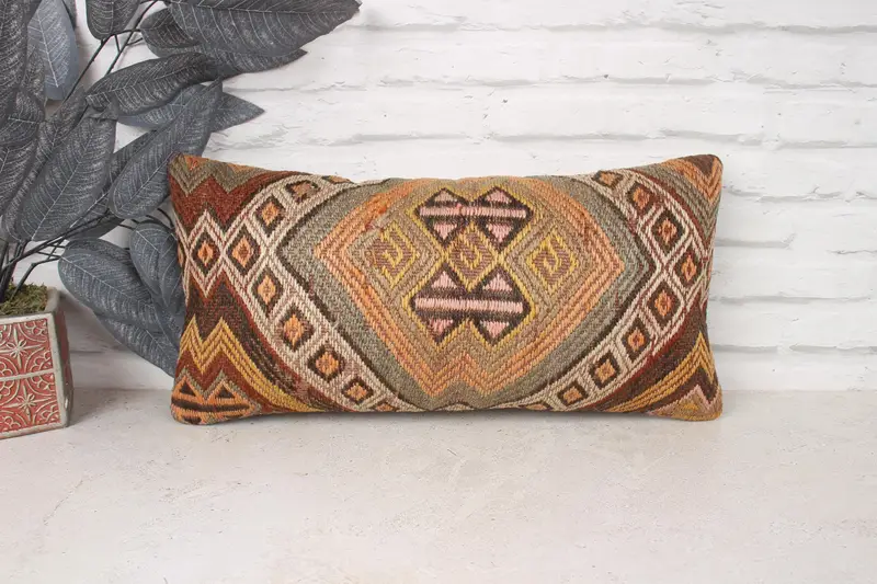 Pillow for Couch, Cushion Case, Vintage Throw Pillow, 10x20 Orange Cushion Cover, Turkish Pillow, Outdoor Patio Cushion, Ethnical Kilim Rug Pillow - 1