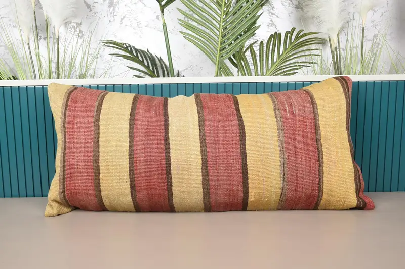 Braun-rot gestreiftes Kissen, 16x36 besticktes Wurfkissen