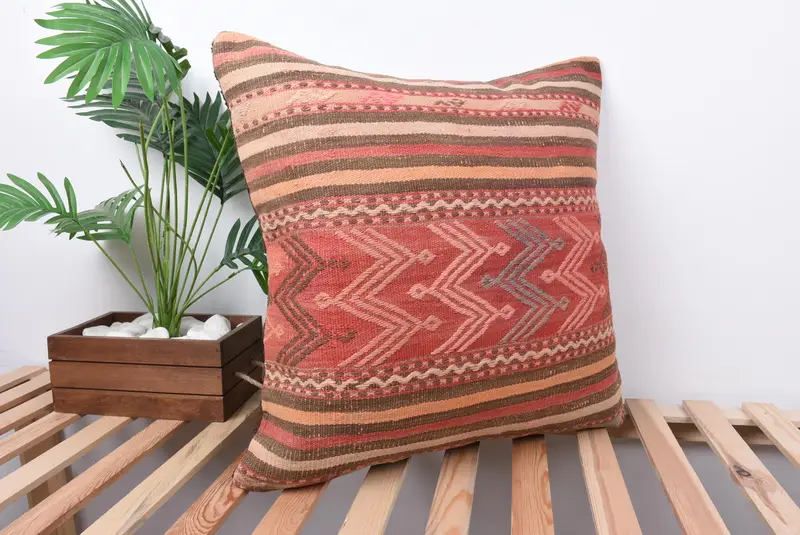 24x24 Red Cushion Case, Colorful Cushion Cover, Meditation Cushion, Ethnical Kilim Rug Pillow, Boho Pillow, Handmade Kilim Cushion, Pillow Cover - 4