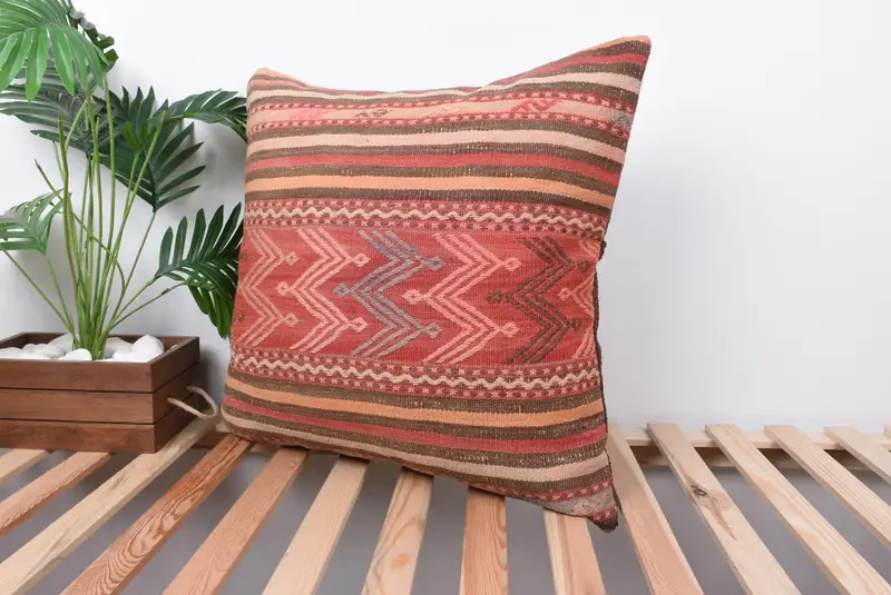 24x24 Red Cushion Case, Colorful Cushion Cover, Meditation Cushion, Ethnical Kilim Rug Pillow, Boho Pillow, Handmade Kilim Cushion, Pillow Cover - 5