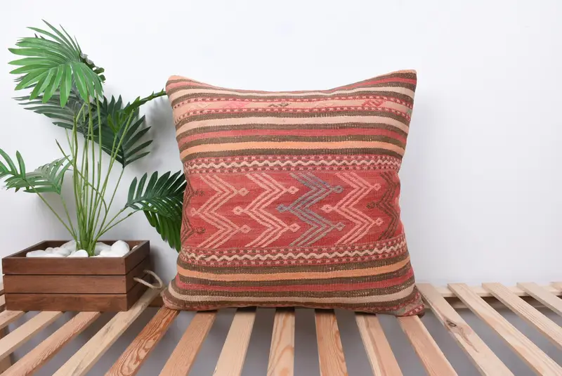 24x24 Red Cushion Case, Colorful Cushion Cover, Meditation Cushion, Ethnical Kilim Rug Pillow, Boho Pillow, Handmade Kilim Cushion, Pillow Cover - 1