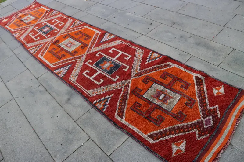 Turkish Rug, Runner 2.8x13.1 ft Rug, Herki Red Plants & trees Rug - 1