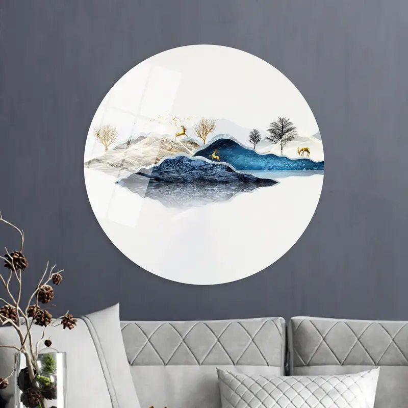 Golden Deer Mountain Canvas: Modern Abstract Forest Art Print