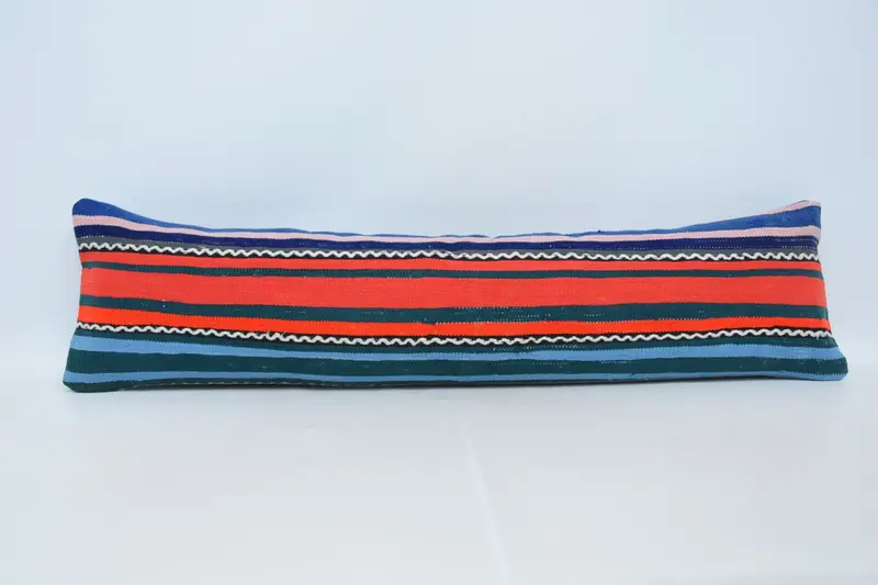 Vintage Kilim Throw Pillow, 12x48 Blue Cushion Case, Handmade Kilim Cushion, Pillow Sham, Vintage Kilim Pillow, Turkish Bench Cushion Cover - 1
