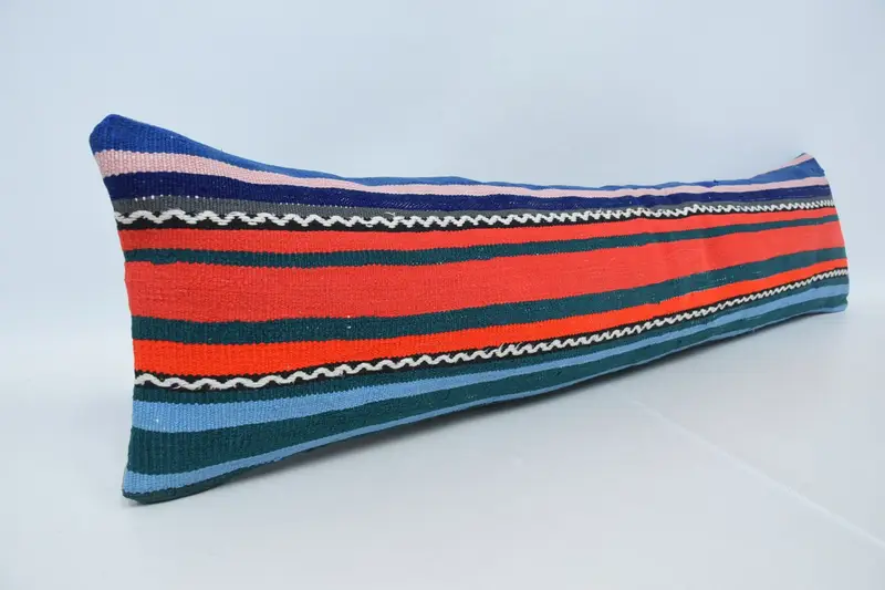 Vintage Kilim Throw Pillow, 12x48 Blue Cushion Case, Handmade Kilim Cushion, Pillow Sham, Vintage Kilim Pillow, Turkish Bench Cushion Cover - 3