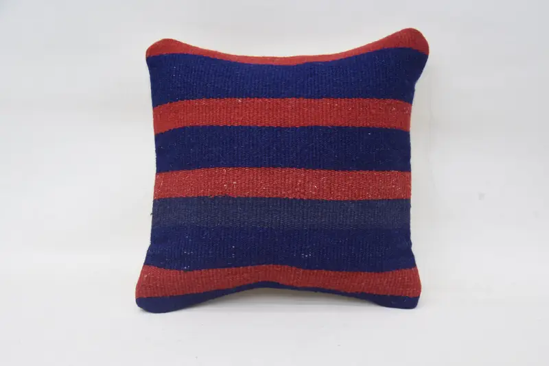 Striped Throw Blue Cushion, Wool Antique 14x14 inch Pillow Sham - 1