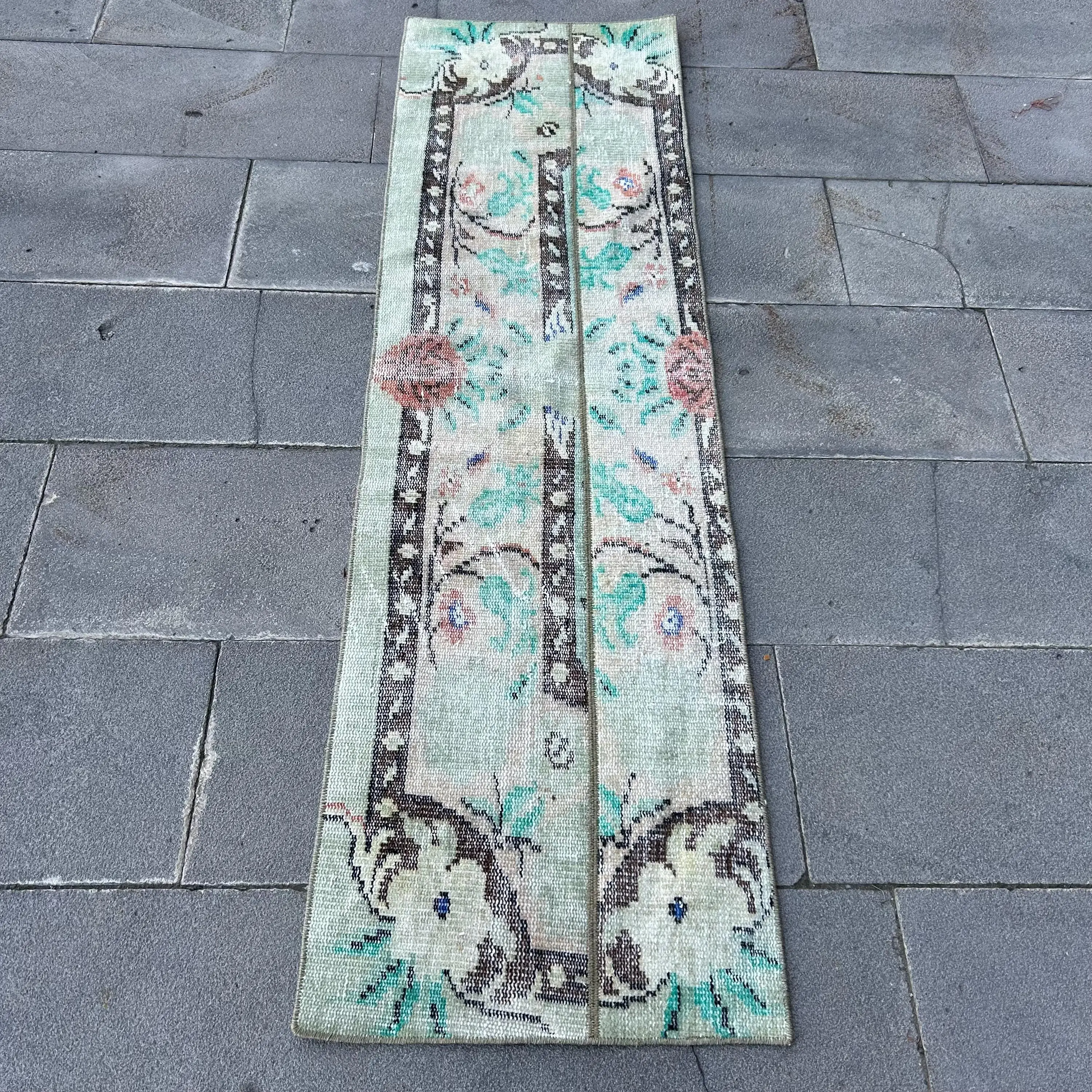 Turkish Vintage Rug 1.7x5.8 ft, Green Solid Rug - 1