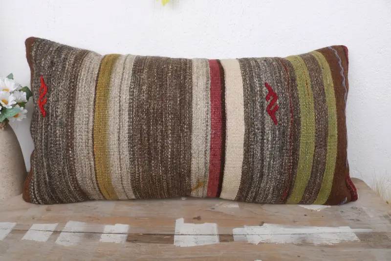 Kilim Cushion Sham, Cushion Cover, Turkish Pillow, Vintage Kilim Pillow, Morroccon Kilim Cushion Cushion Case, 12x24 Brown Cushion Case - 2