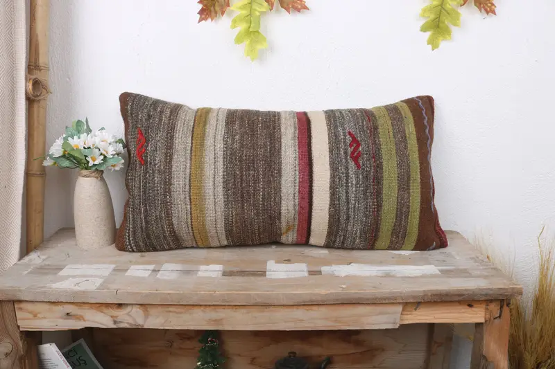 Kilim Cushion Sham, Cushion Cover, Turkish Pillow, Vintage Kilim Pillow, Morroccon Kilim Cushion Cushion Case, 12x24 Brown Cushion Case - 1