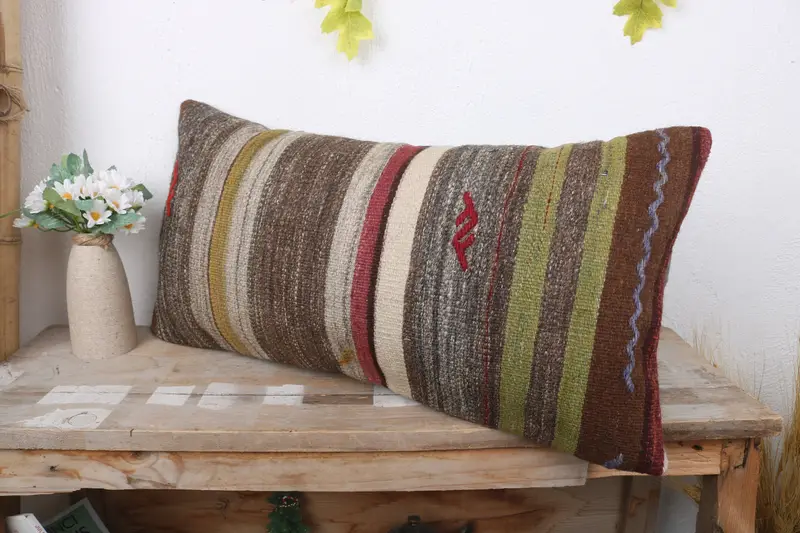 Kilim Cushion Sham, Cushion Cover, Turkish Pillow, Vintage Kilim Pillow, Morroccon Kilim Cushion Cushion Case, 12x24 Brown Cushion Case - 4
