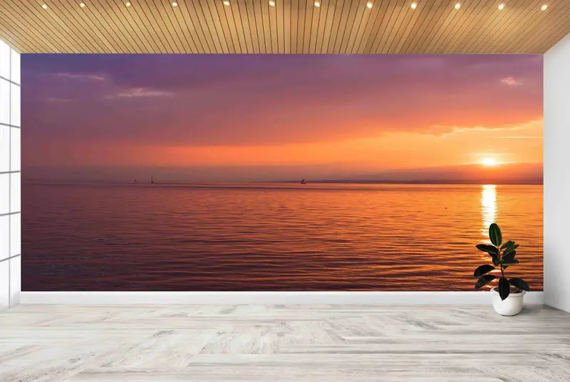 Papel pintado elegante con estampado de costa costera: vista al mar y olas al atardecer