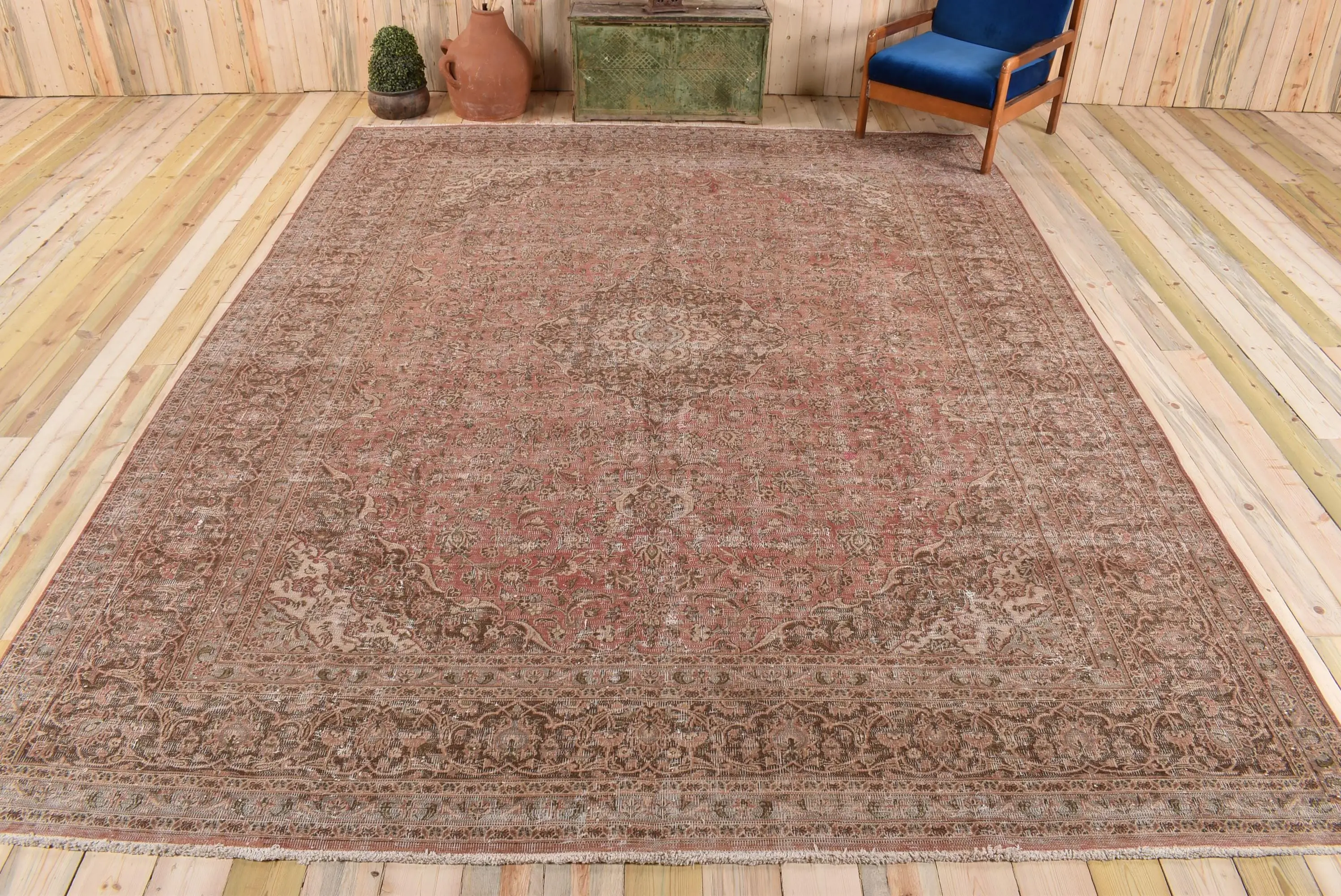9.5x12.4 ft Vintage Rug, Brown Camouflage Turkish Wool Rug - 1