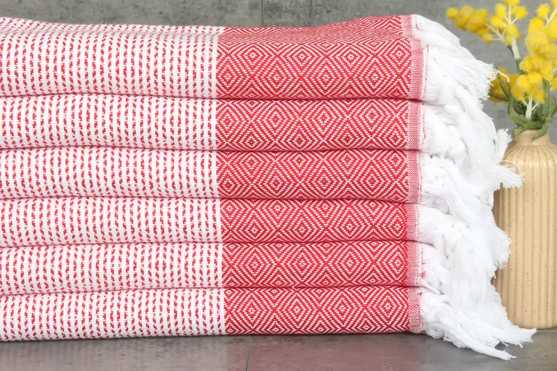 Custom Beach Towel Red Beige Diamond, Organic Cotton, 40x71 Inches