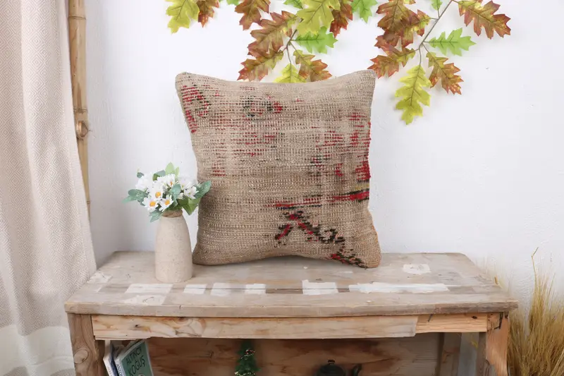 Vintage Kilim Pillow, Accent Throw Cushion, Cushion, Kilim Pillow Cover, 16x16 Brown Pillow Cover, Patio Cushion Cover, Turkish Kilim Pillow - 1