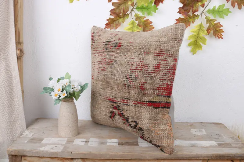 Vintage Kilim Pillow, Accent Throw Cushion, Cushion, Kilim Pillow Cover, 16x16 Brown Pillow Cover, Patio Cushion Cover, Turkish Kilim Pillow - 4