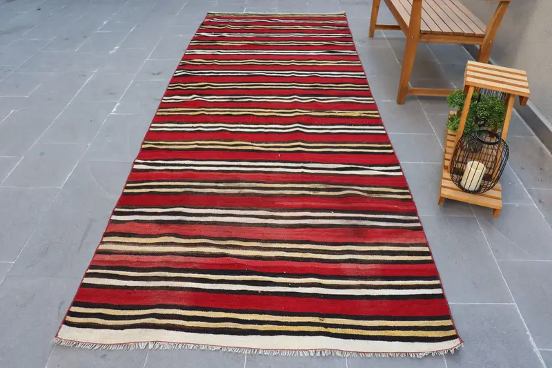 Vintage Läuferteppich, 4,1x11,1 ft türkischer Teppich, roter Kelim-Wollteppich - 1
