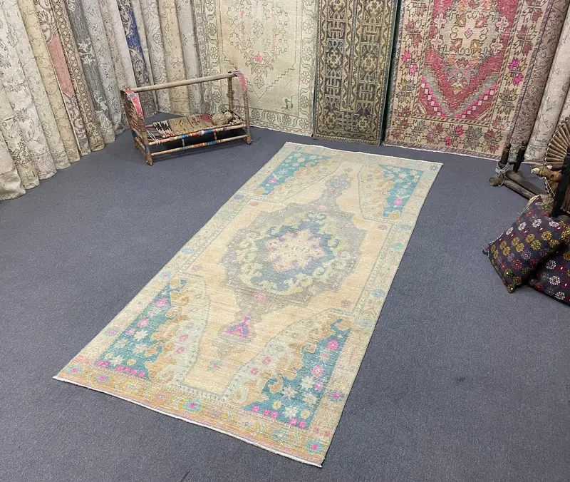 Turkish 3.8x8.8 ft Rug, Area Vintage Rug, Blue Pink Floral Rug - 1