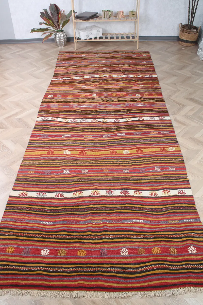 Turkish Vintage Rug 4.7x12.5 ft (144x380 cm), Kilim Red Wool Rug - 1