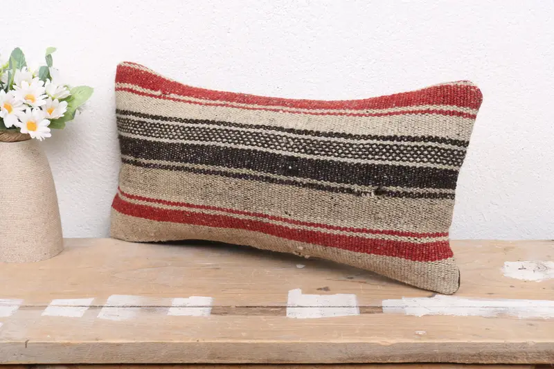 Turkish Pillow, Bolster Throw Cushion Cover, Pillow, 8x16 Beige Pillow, Toss Cushion, Bed Pillow, Handmade Kilim Cushion, Turkish Kilim Pillow - 4