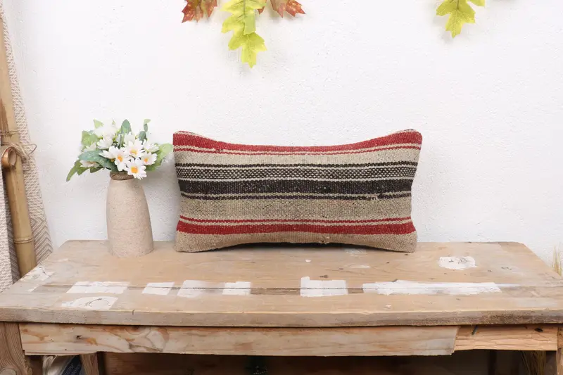 Turkish Pillow, Bolster Throw Cushion Cover, Pillow, 8x16 Beige Pillow, Toss Cushion, Bed Pillow, Handmade Kilim Cushion, Turkish Kilim Pillow - 1