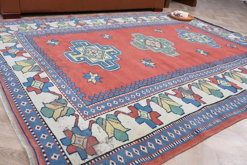 Vintage Turkish Oushak Large Rug 6.1x7.9 ft, Red Animal Print Rug Wool - 1