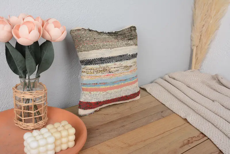 Mavi & Turuncu Çizgili Kırlent, Vintage İşlemeli Kırlent