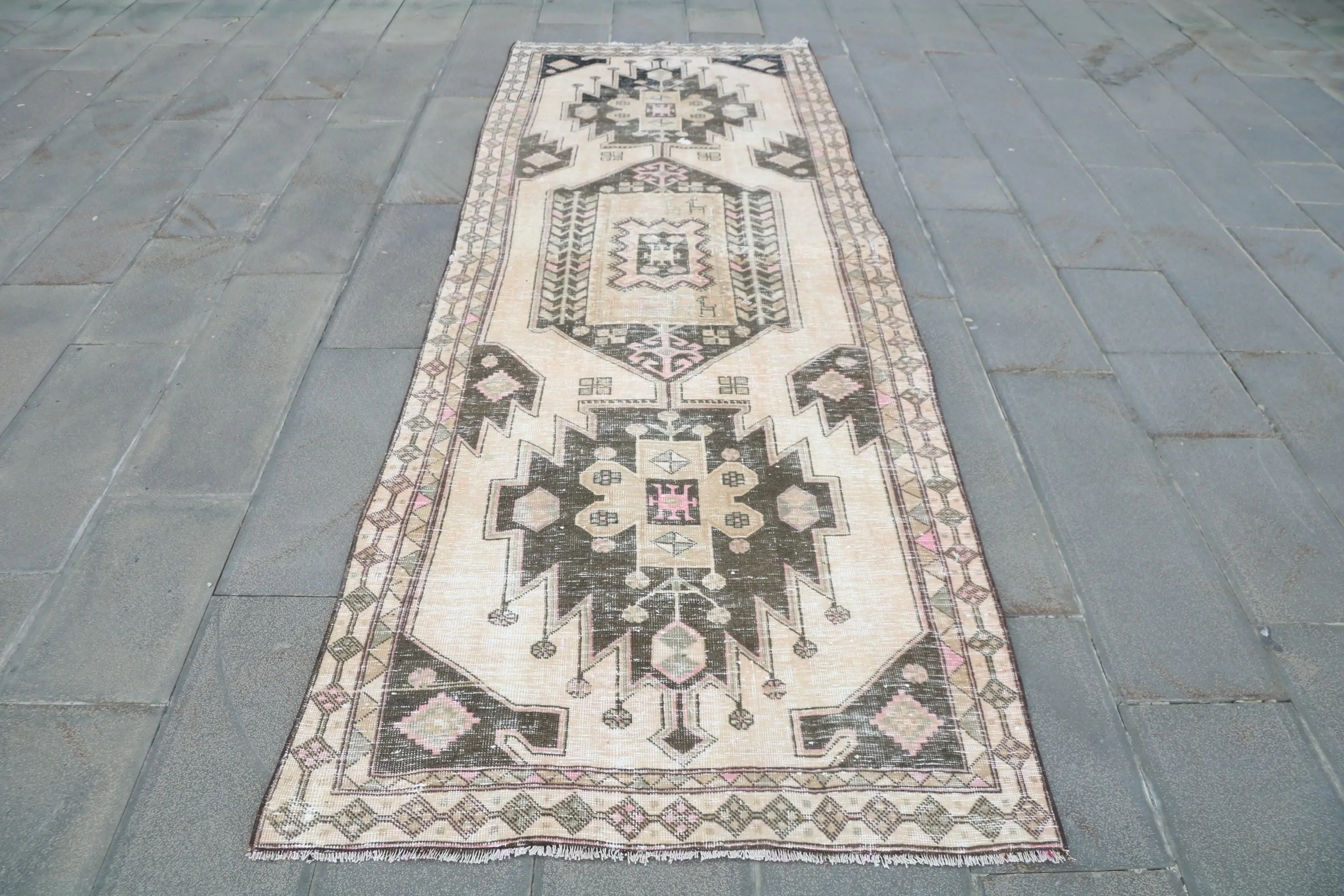 3.7x10.6 ft Rug, Turkish Vintage Rug, Brown Floral Rug - 1