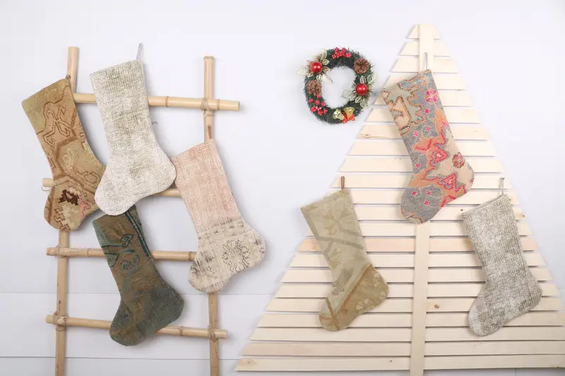 Rustik Noel Süsleri Deseni, 7 İnç Organik Tatil Çorabı