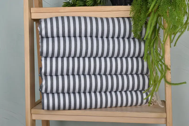 Monogrammed Hand Towel Dark Gray Striped, Organic Cotton/Linen, 18x40 Inches