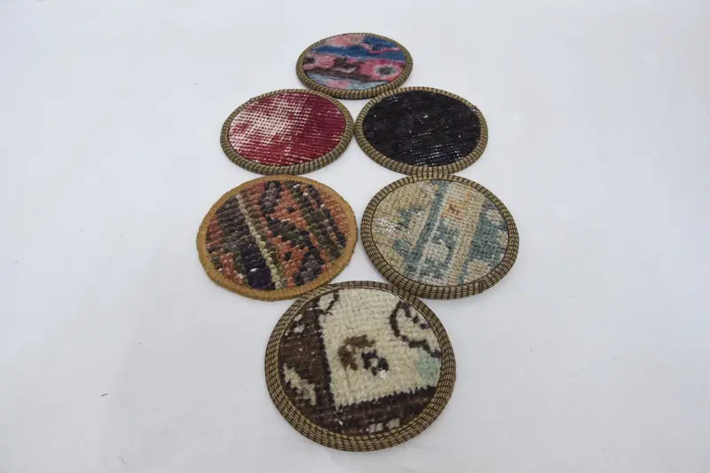 Blue and Brown Round Coasters, Set of Six Non-Slip Coasters