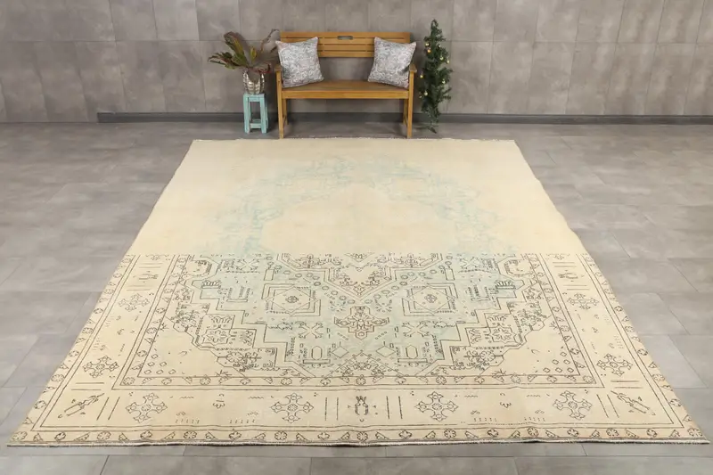 9.4x12.5 ft Vintage Halı, Türk Büyük Boy Halı, Mavi Beyaz Paisley Yün Halı - 1