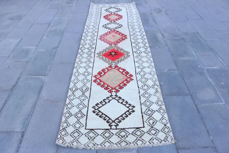 Turkish 3x10.4 ft Rug, Herki Vintage Rug, White Striped Wool Rug - 1