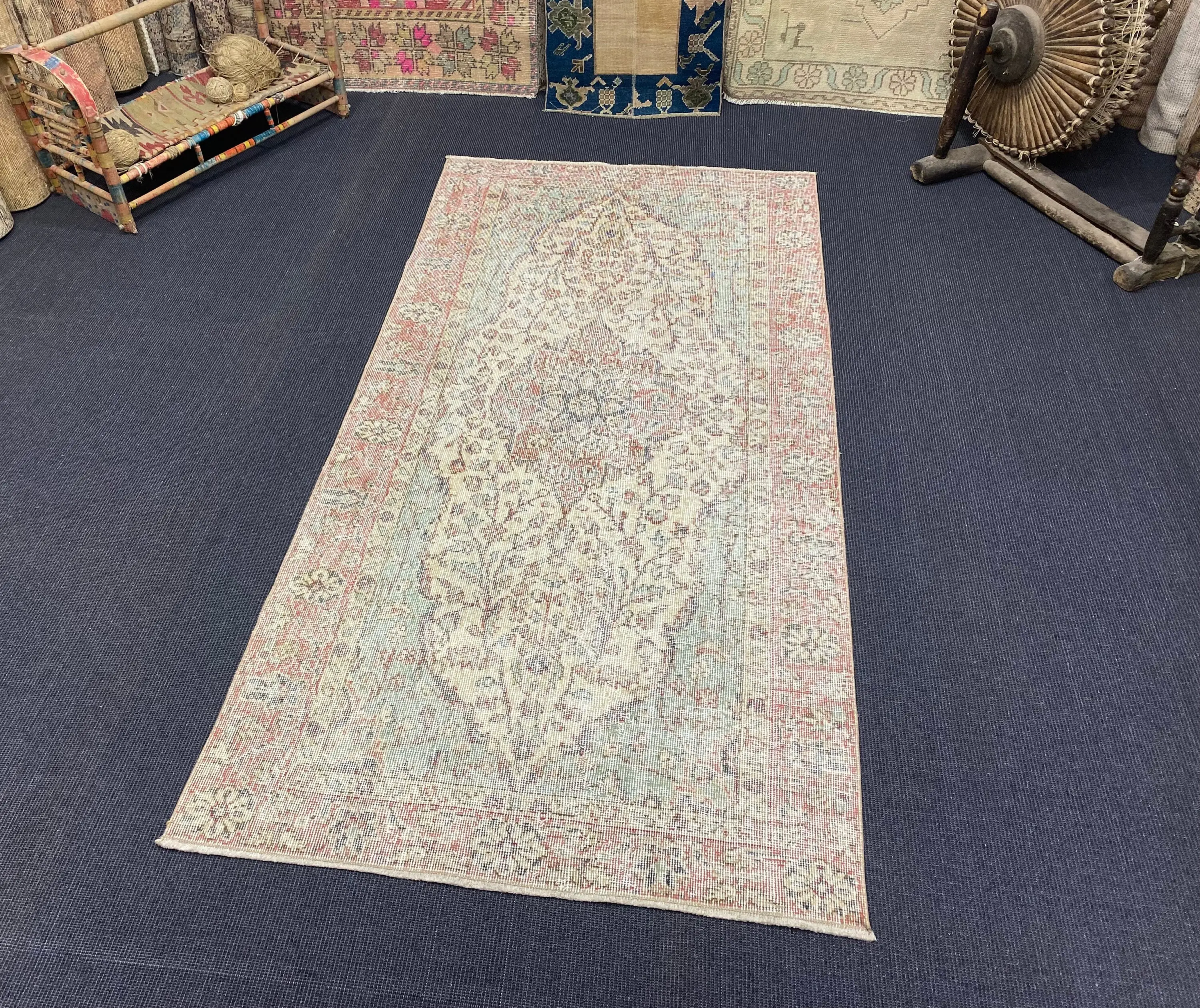 6.7x3.3 ft Halı, Türk Vintage Halısı, Kırmızı Mavi Çiçekli Yün Halı - 1